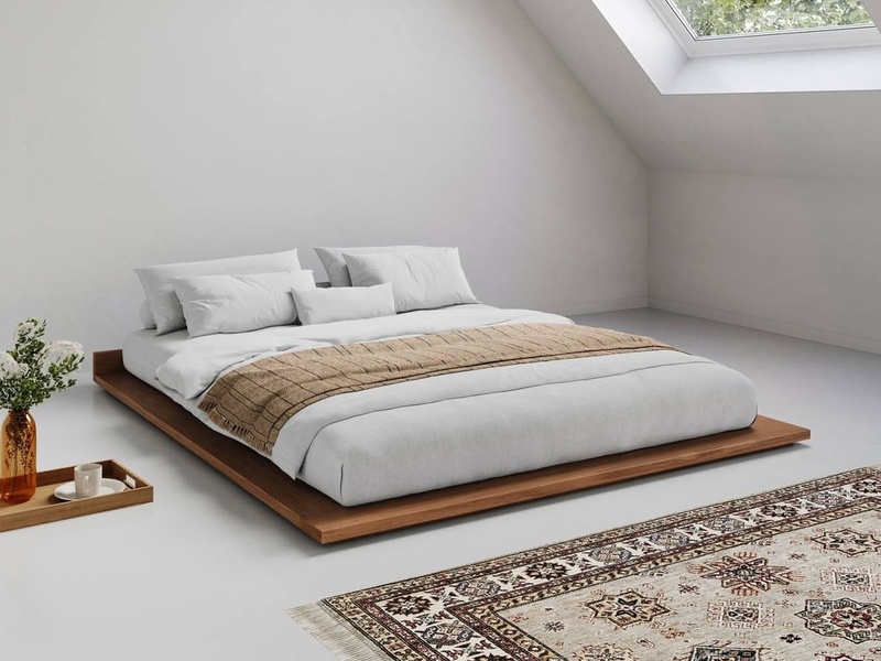 platform bed, low profile bed, wooden bed frame, modern bed, bedroom furniture, bestseller push, minimalist, lifestyle, calm, trustworthy, neutral, brown